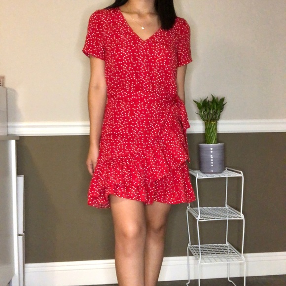 red and white polka dot wrap dress